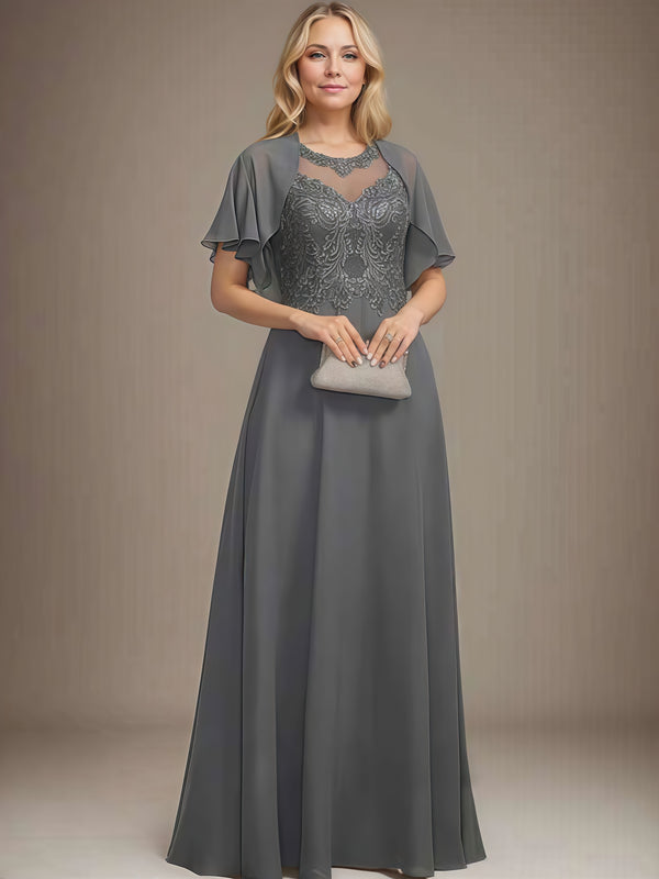 A-Line Scoop Neck Illusion Flutter Straps Floor-Length Lace/Chiffon/Sequins Mother of the Bride Dress With Appliques/Jacket BabaMila