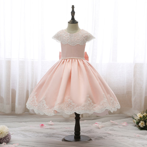Scoop Neck Cap Sleeve Knee-Length Satin/Lace Girls Birthday Dresses With Bow/Beads Belt/Appliques Girls Gidiondress