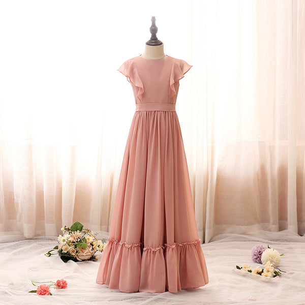 Boat Neck Flutter Straps Floor-Length Chiffon Girls Birthday Dresses With Ruffled Hem/Belt Girls Gidiondress