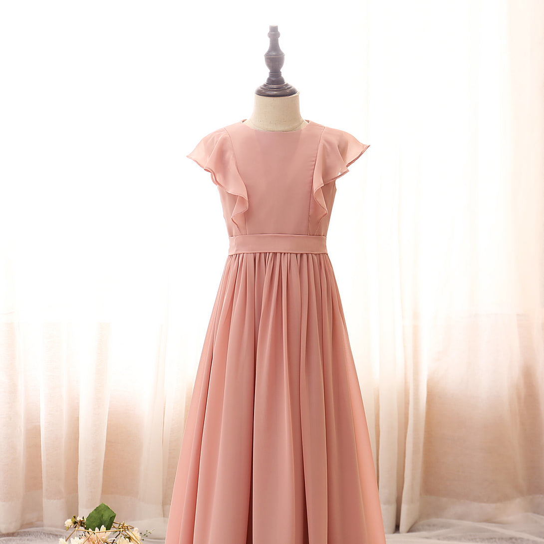 Boat Neck Flutter Straps Floor-Length Chiffon Girls Birthday Dresses With Ruffled Hem/Belt Girls Gidiondress