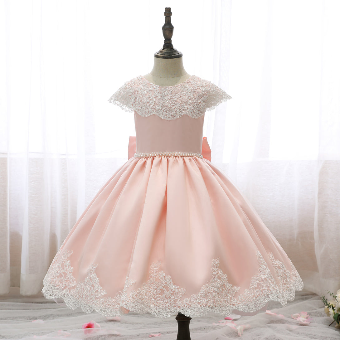 Scoop Neck Cap Sleeve Knee-Length Satin/Lace Girls Birthday Dresses With Bow/Beads Belt/Appliques Girls Gidiondress