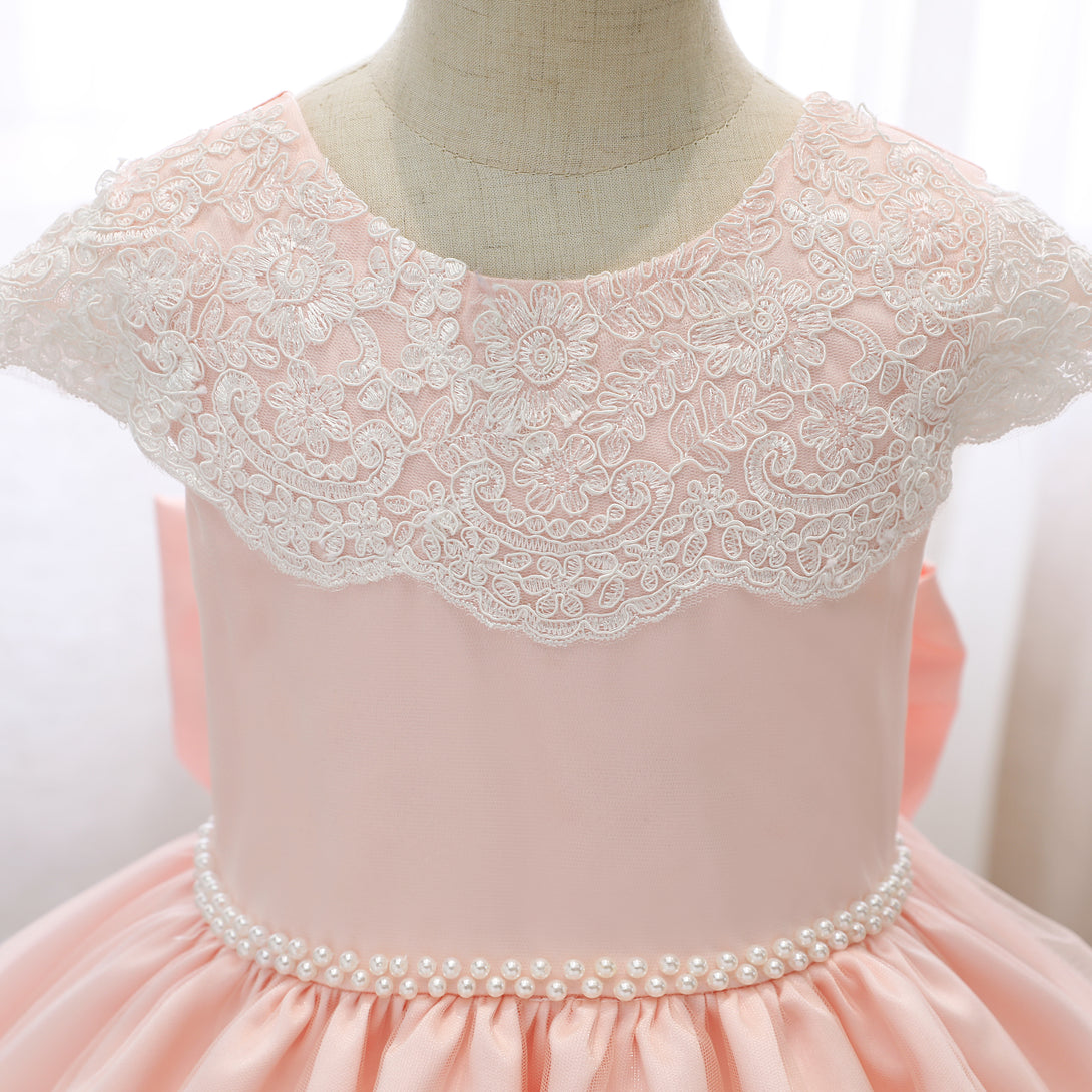 Scoop Neck Cap Sleeve Knee-Length Satin/Lace Girls Birthday Dresses With Bow/Beads Belt/Appliques Girls Gidiondress