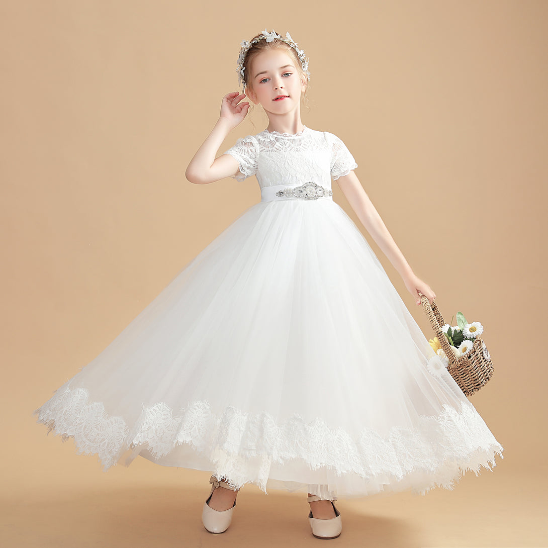 Short Sleeve Scoop Neck Floor-Length Tulle/Lace/Satin Flower Girl Dresses/First Communion Dress With Beads Belt/Appliques Girls Gidiondress