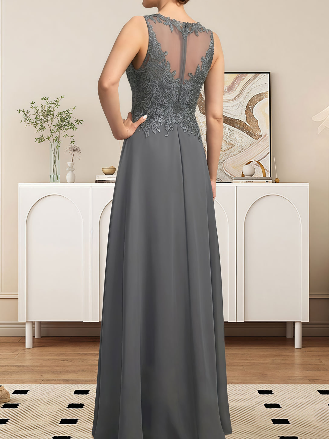 A-Line Scoop Neck Illusion Flutter Straps Floor-Length Lace/Chiffon/Sequins Mother of the Bride Dress With Appliques/Jacket BabaMila