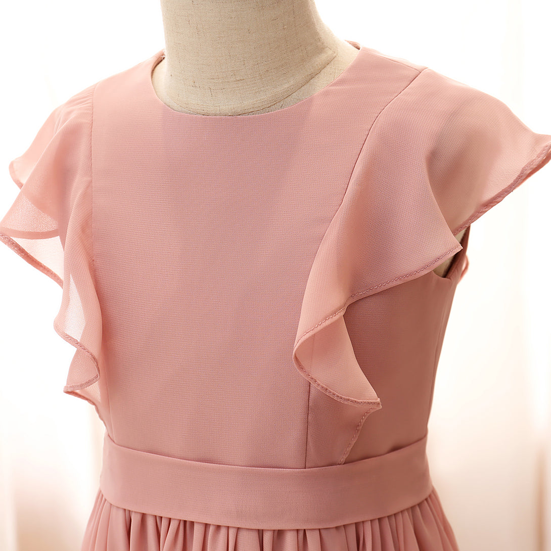 Boat Neck Flutter Straps Floor-Length Chiffon Girls Birthday Dresses With Ruffled Hem/Belt Girls Gidiondress