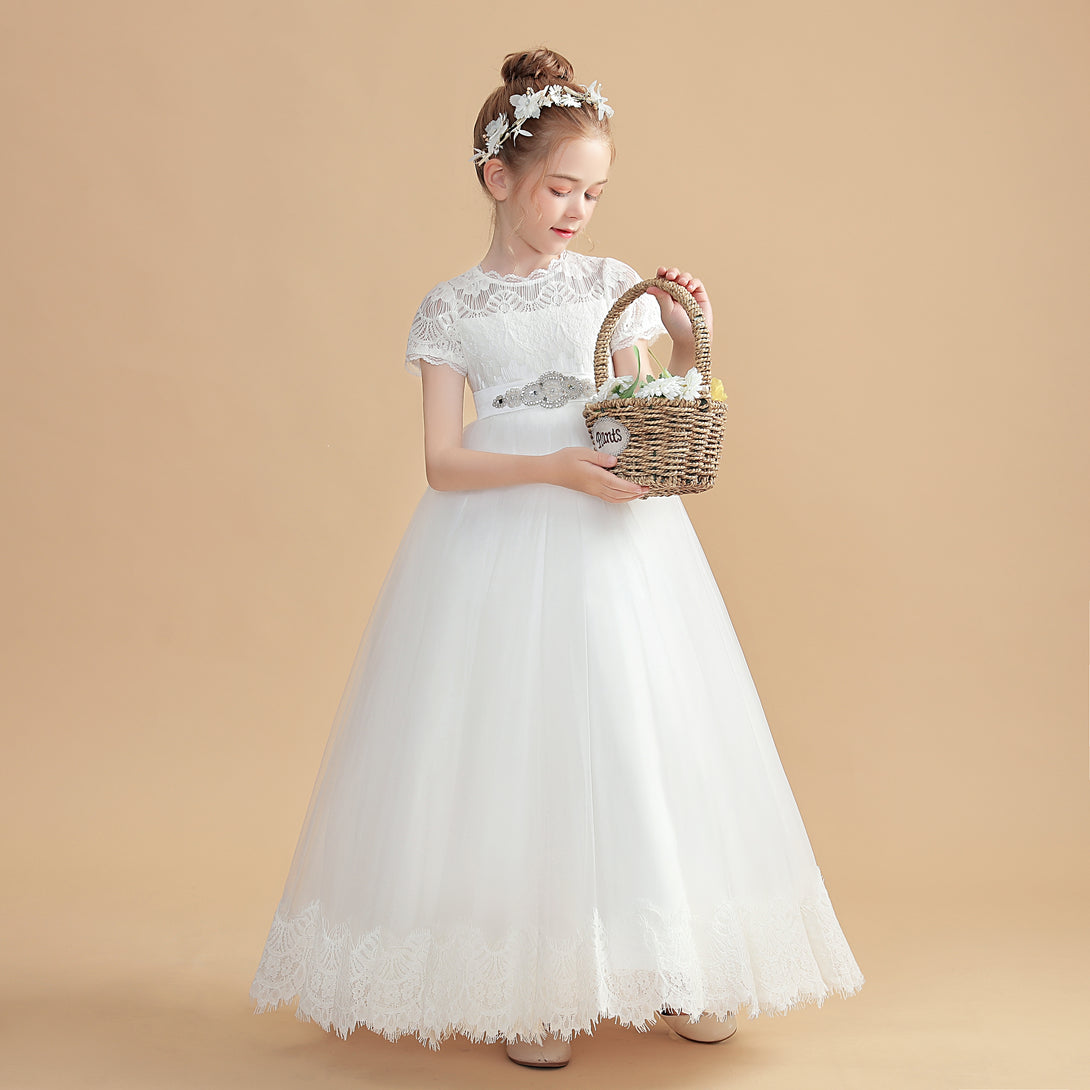 Short Sleeve Scoop Neck Floor-Length Tulle/Lace/Satin Flower Girl Dresses/First Communion Dress With Beads Belt/Appliques Girls Gidiondress