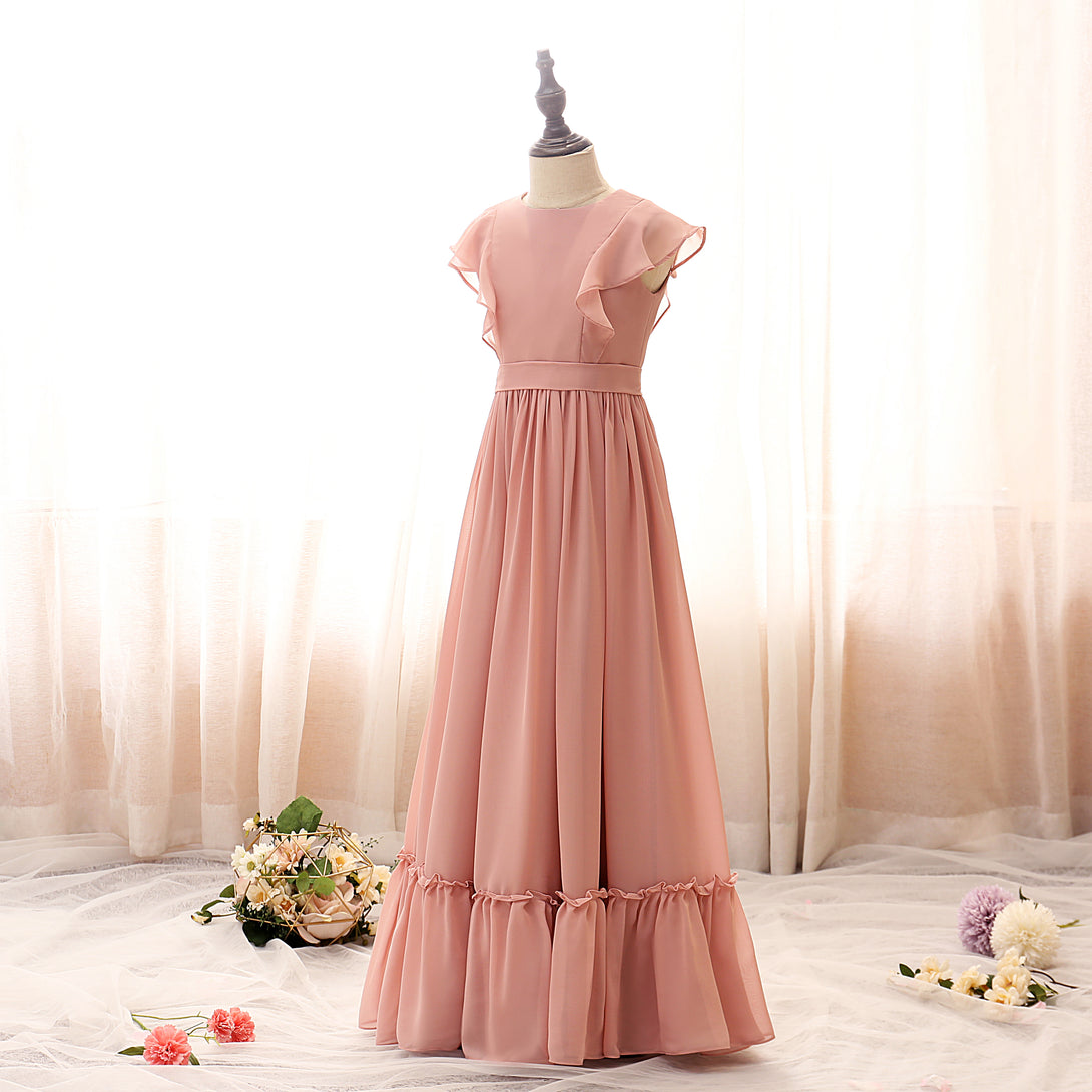 Boat Neck Flutter Straps Floor-Length Chiffon Girls Birthday Dresses With Ruffled Hem/Belt Girls Gidiondress