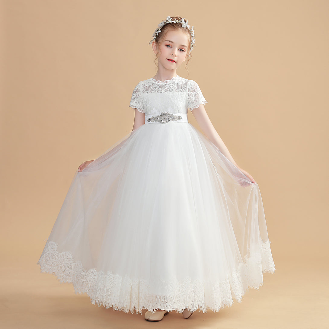Short Sleeve Scoop Neck Floor-Length Tulle/Lace/Satin Flower Girl Dresses/First Communion Dress With Beads Belt/Appliques Girls Gidiondress