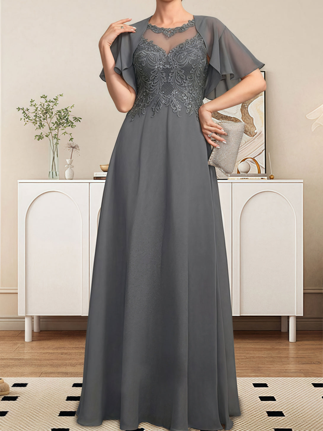 A-Line Scoop Neck Illusion Flutter Straps Floor-Length Lace/Chiffon/Sequins Mother of the Bride Dress With Appliques/Jacket BabaMila