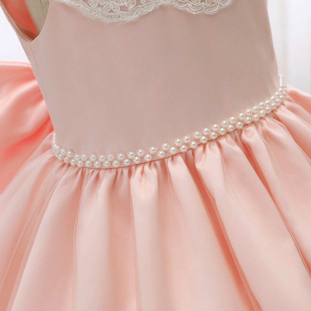 Scoop Neck Cap Sleeve Knee-Length Satin/Lace Girls Birthday Dresses With Bow/Beads Belt/Appliques Girls Gidiondress