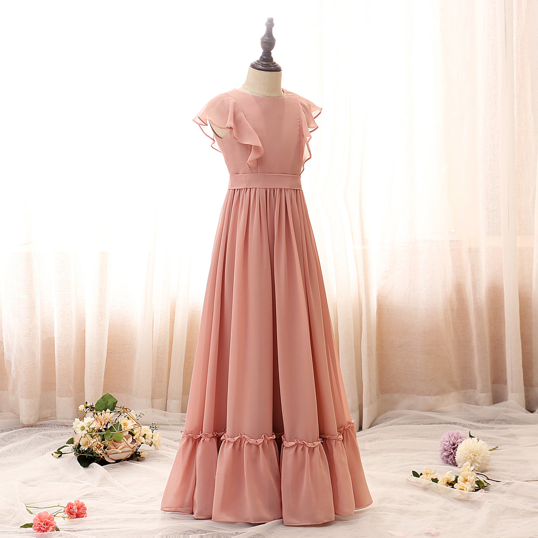 Boat Neck Flutter Straps Floor-Length Chiffon Girls Birthday Dresses With Ruffled Hem/Belt Girls Gidiondress