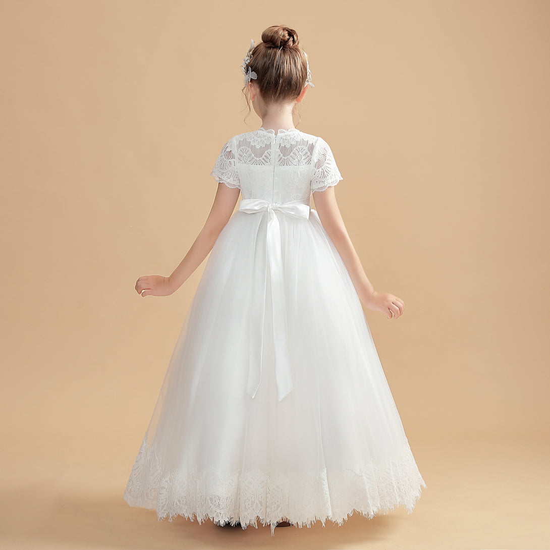 Short Sleeve Scoop Neck Floor-Length Tulle/Lace/Satin Flower Girl Dresses/First Communion Dress With Beads Belt/Appliques Girls Gidiondress
