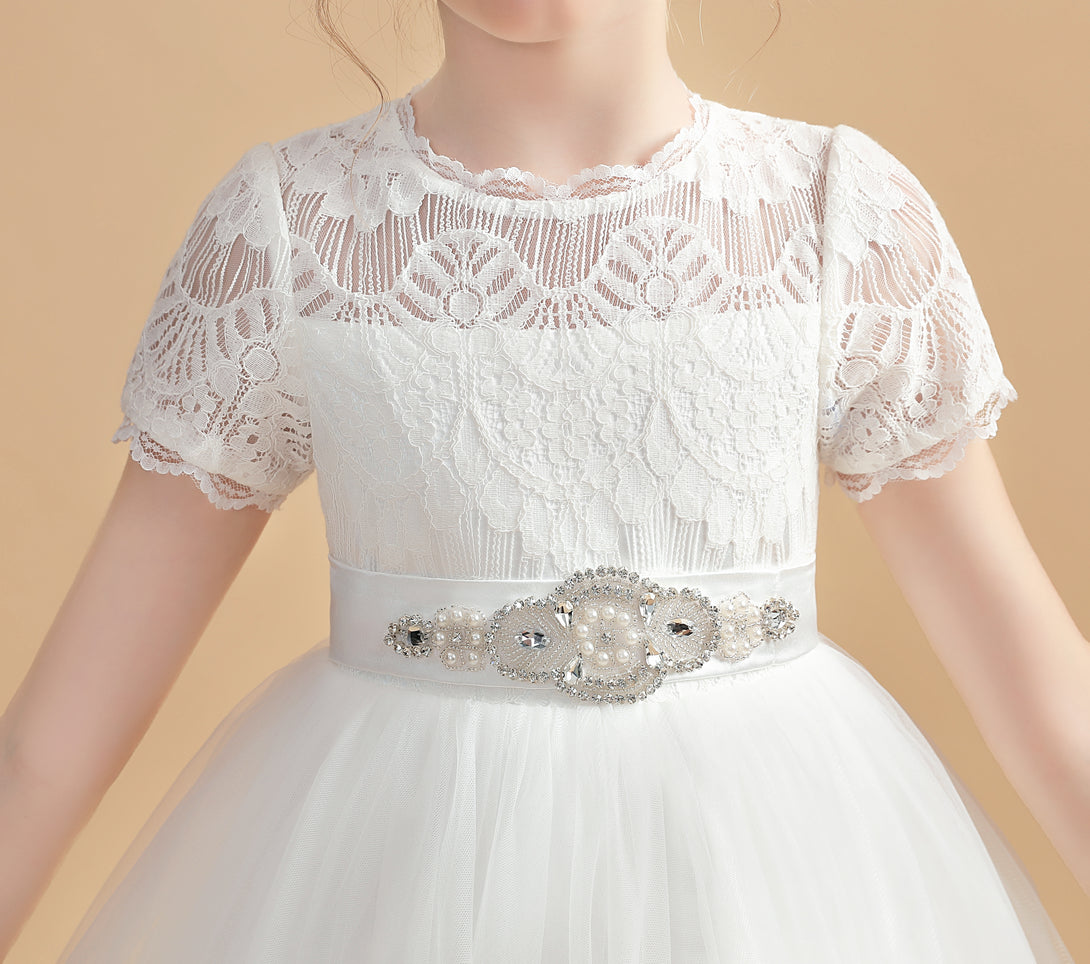 Short Sleeve Scoop Neck Floor-Length Tulle/Lace/Satin Flower Girl Dresses/First Communion Dress With Beads Belt/Appliques Girls Gidiondress
