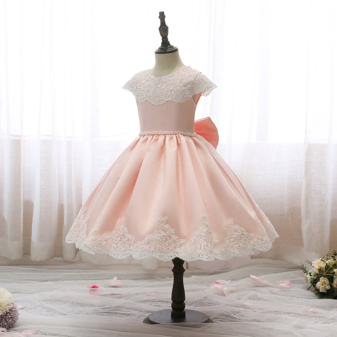 Scoop Neck Cap Sleeve Knee-Length Satin/Lace Girls Birthday Dresses With Bow/Beads Belt/Appliques Girls Gidiondress