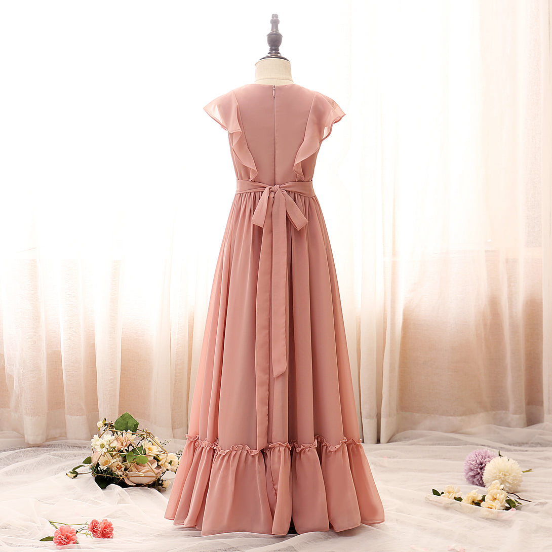 Boat Neck Flutter Straps Floor-Length Chiffon Girls Birthday Dresses With Ruffled Hem/Belt Girls Gidiondress