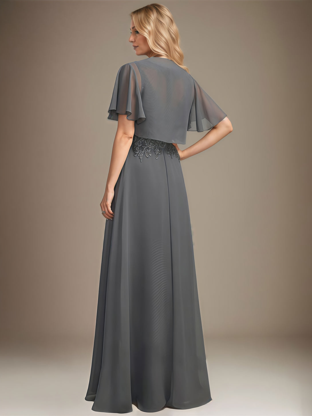 A-Line Scoop Neck Illusion Flutter Straps Floor-Length Lace/Chiffon/Sequins Mother of the Bride Dress With Appliques/Jacket BabaMila
