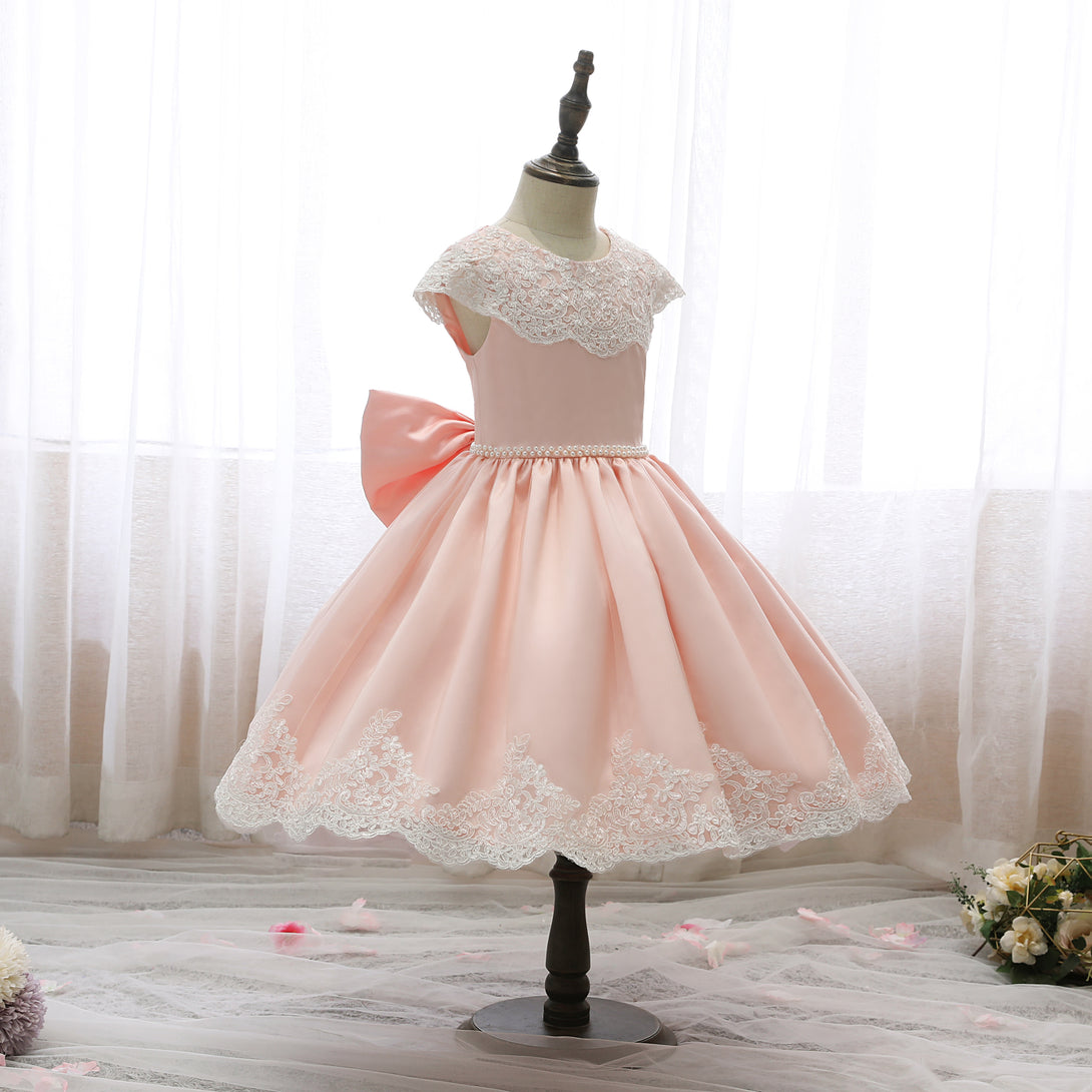Scoop Neck Cap Sleeve Knee-Length Satin/Lace Girls Birthday Dresses With Bow/Beads Belt/Appliques Girls Gidiondress