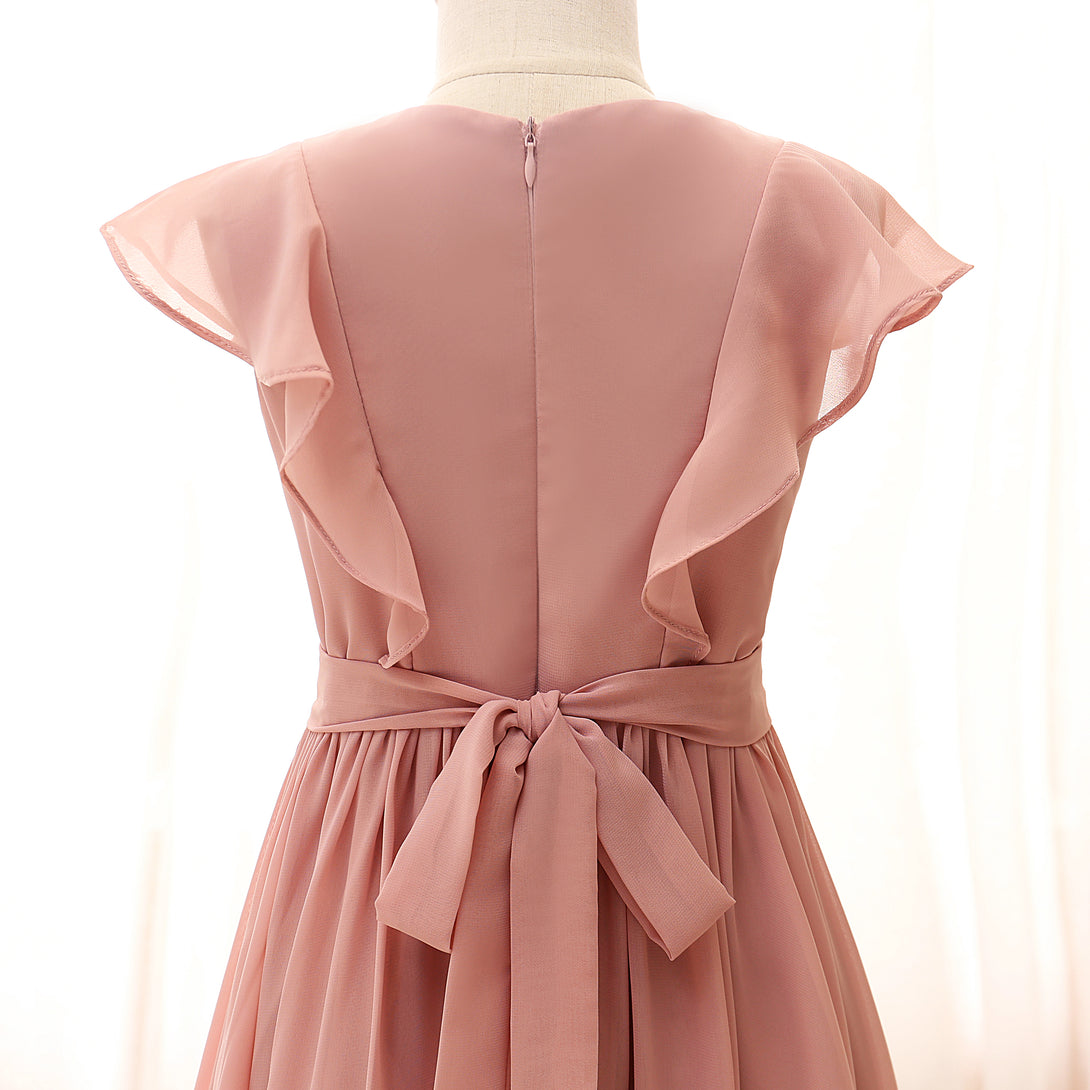 Boat Neck Flutter Straps Floor-Length Chiffon Girls Birthday Dresses With Ruffled Hem/Belt Girls Gidiondress