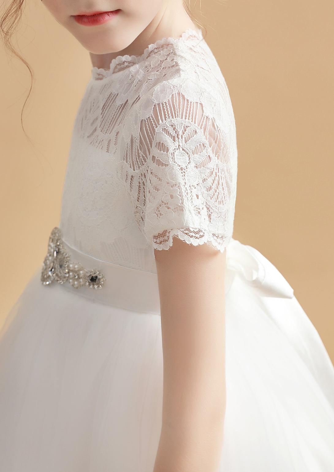 Short Sleeve Scoop Neck Floor-Length Tulle/Lace/Satin Flower Girl Dresses/First Communion Dress With Beads Belt/Appliques Girls Gidiondress