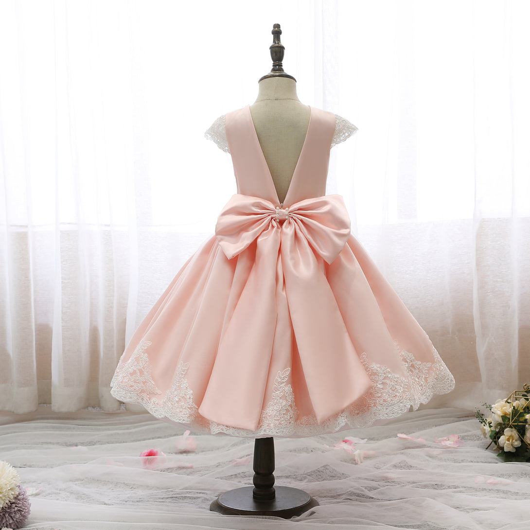 Scoop Neck Cap Sleeve Knee-Length Satin/Lace Girls Birthday Dresses With Bow/Beads Belt/Appliques Girls Gidiondress