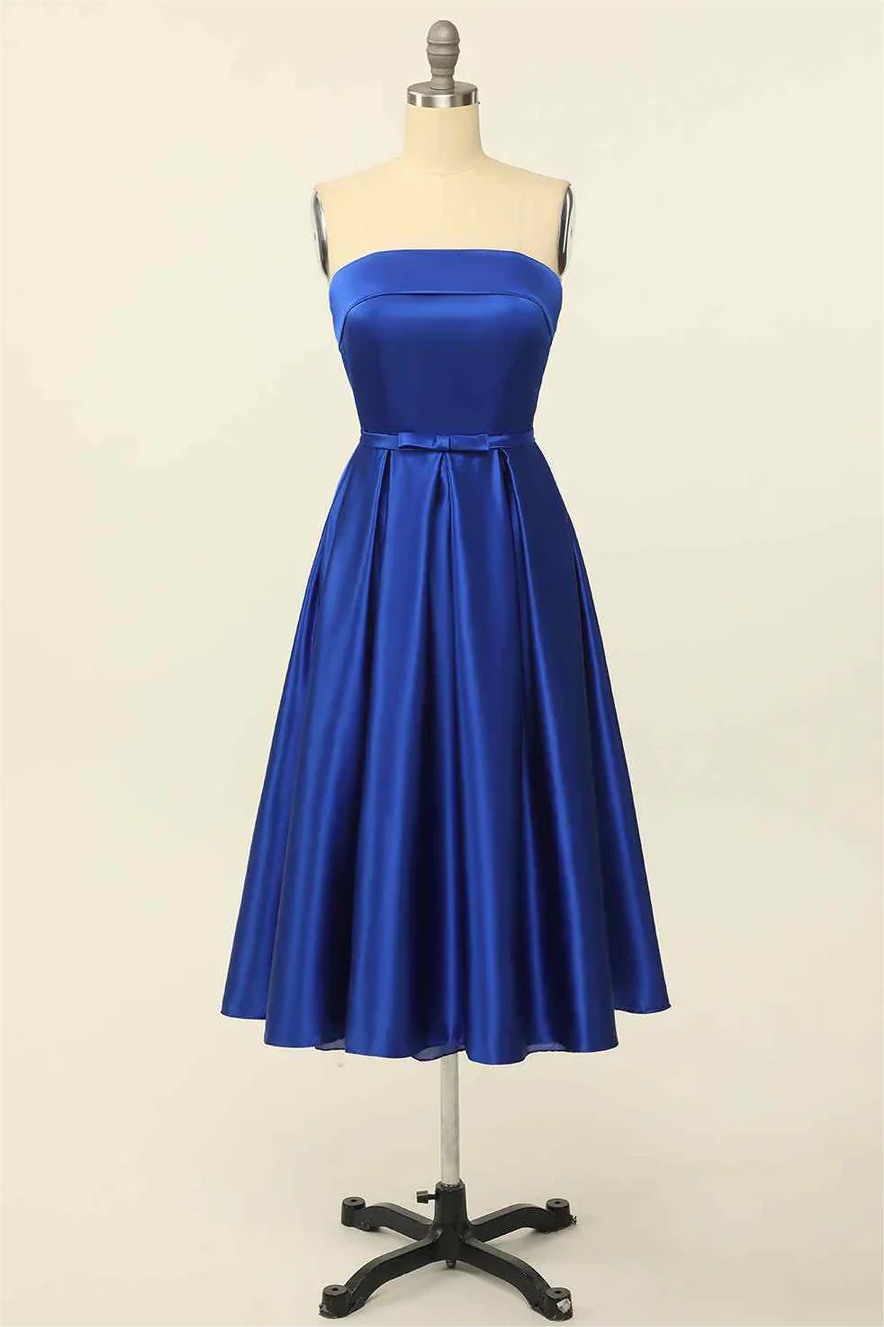 A-line Fold Strapless Lace-up Back Satin Tea Length Homecoming Dress BabaMila