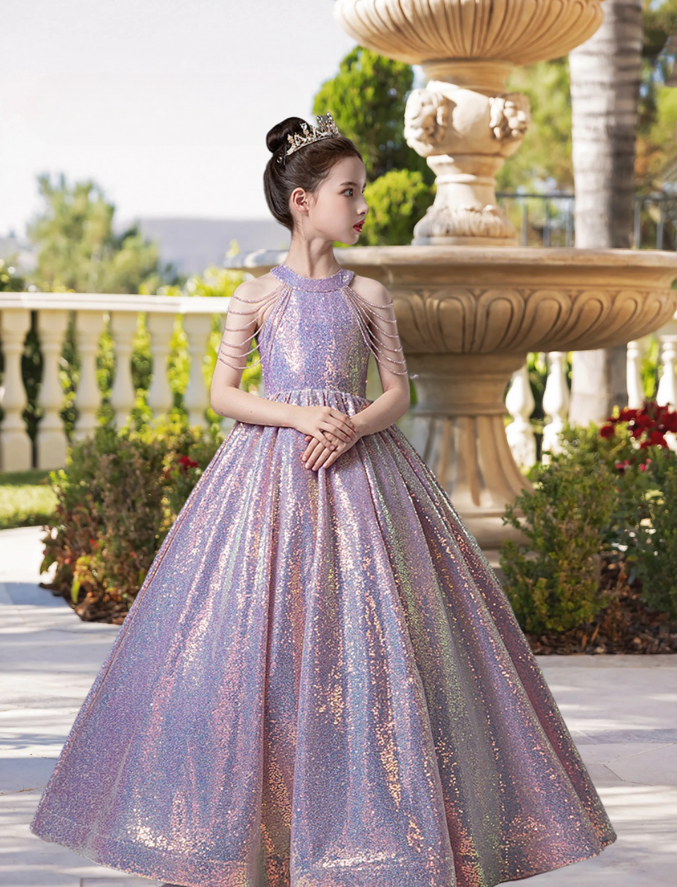 Dazzling Halter Cold Shoulder Floor-Length Sequined Lace Ball Gown/Princess With Beads Girls Gidiondress