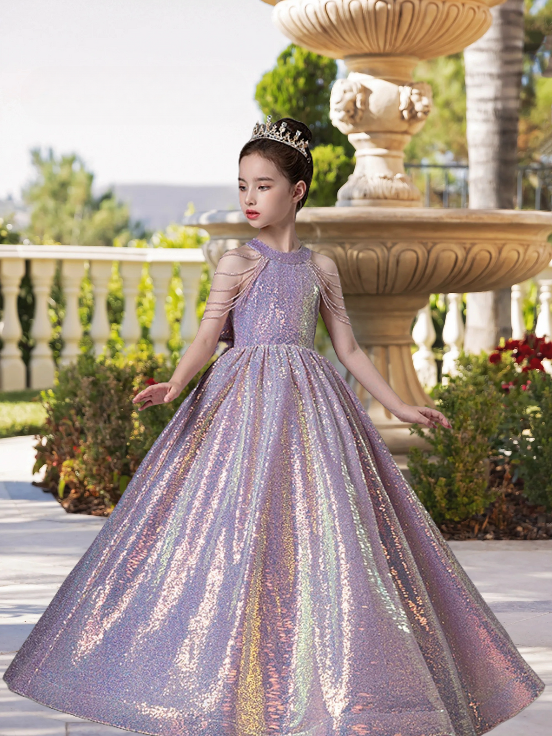 Dazzling Halter Cold Shoulder Floor-Length Sequined Lace Ball Gown/Princess With Beads Girls Gidiondress