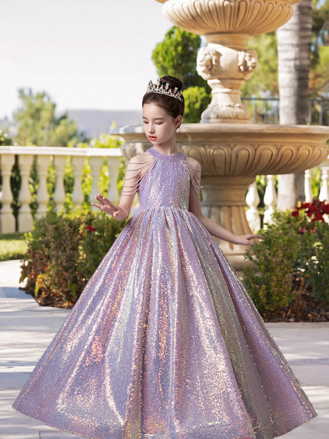 Dazzling Halter Cold Shoulder Floor-Length Sequined Lace Ball Gown/Princess With Beads Girls Gidiondress