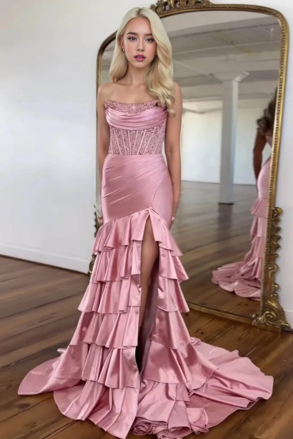 Charming Mermaid Strapless Pink Satin Long Prom Dresses with Appliques BabaMila