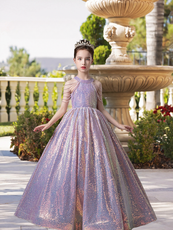 Dazzling Halter Cold Shoulder Floor-Length Sequined Lace Ball Gown/Princess With Beads Girls Gidiondress