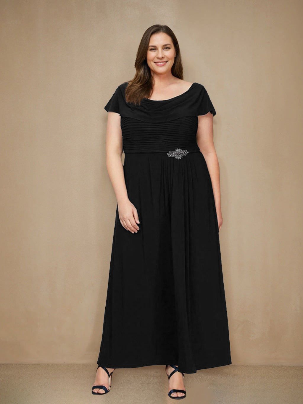 A-Line/Princess Scoop Short Sleeves Ankle-Length Plus Size Mother Of The Bride Dresses With Ruffles & Sequins BabaMila