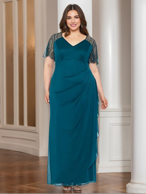 Sheath/Column V-Neck Short Sleeves Ankle-Length Lace Plus Size Mother Of The Bride Dresses With Beads BabaMila