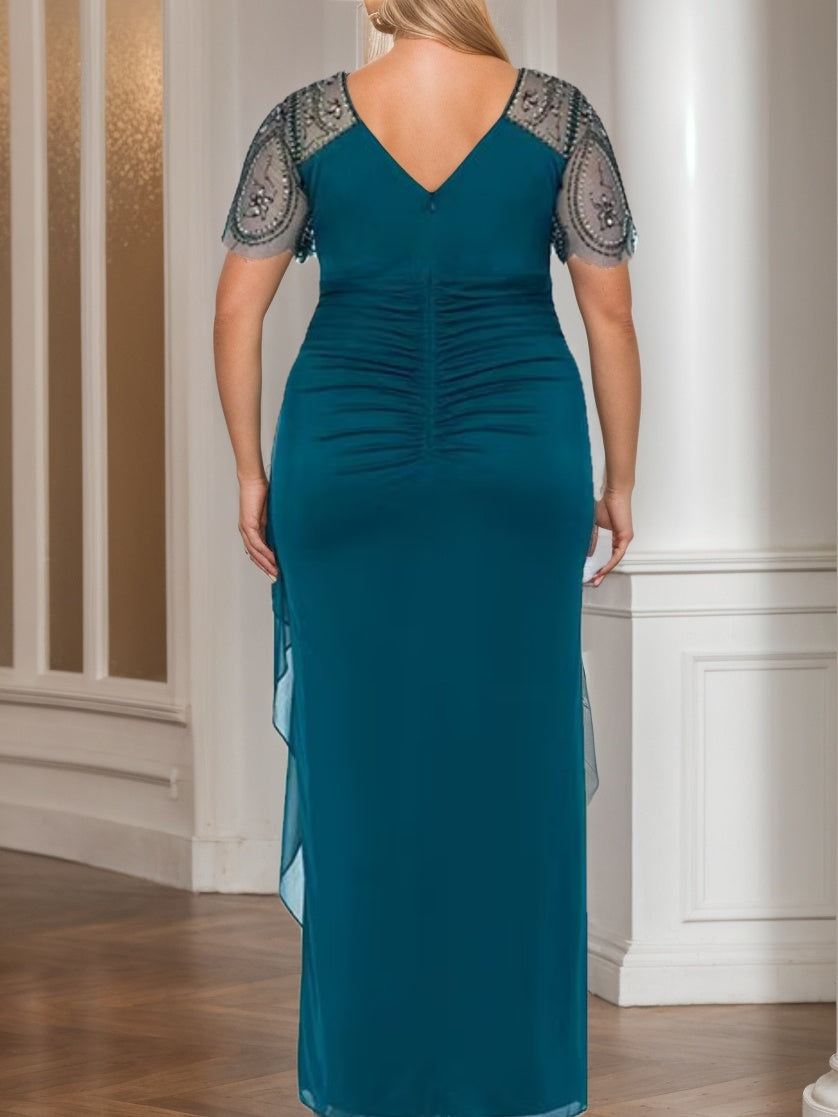 Sheath/Column V-Neck Short Sleeves Ankle-Length Lace Plus Size Mother Of The Bride Dresses With Beads BabaMila