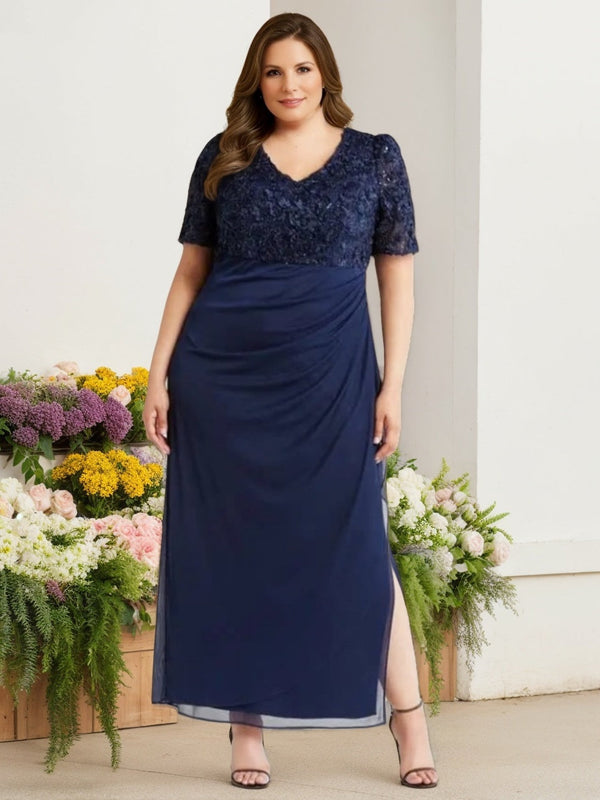 Sheath/Column V-Neck Short Sleeves Ankle-Length Plus Size Mother Of The Bride Dresses With Sequins & Ruches BabaMila