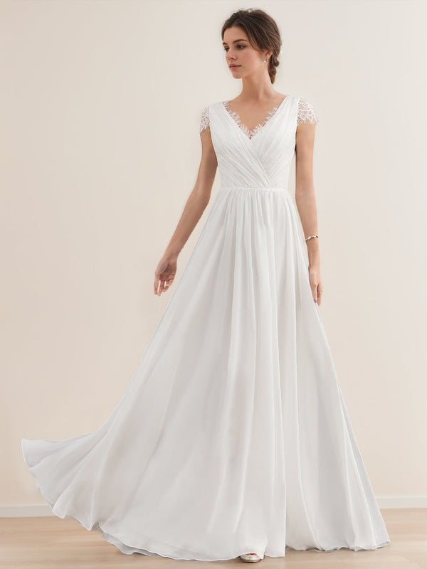 A-Line/Princess V-Neck Short Sleeves Floor-length Lace Wedding Dress with Ruffles BabaMila