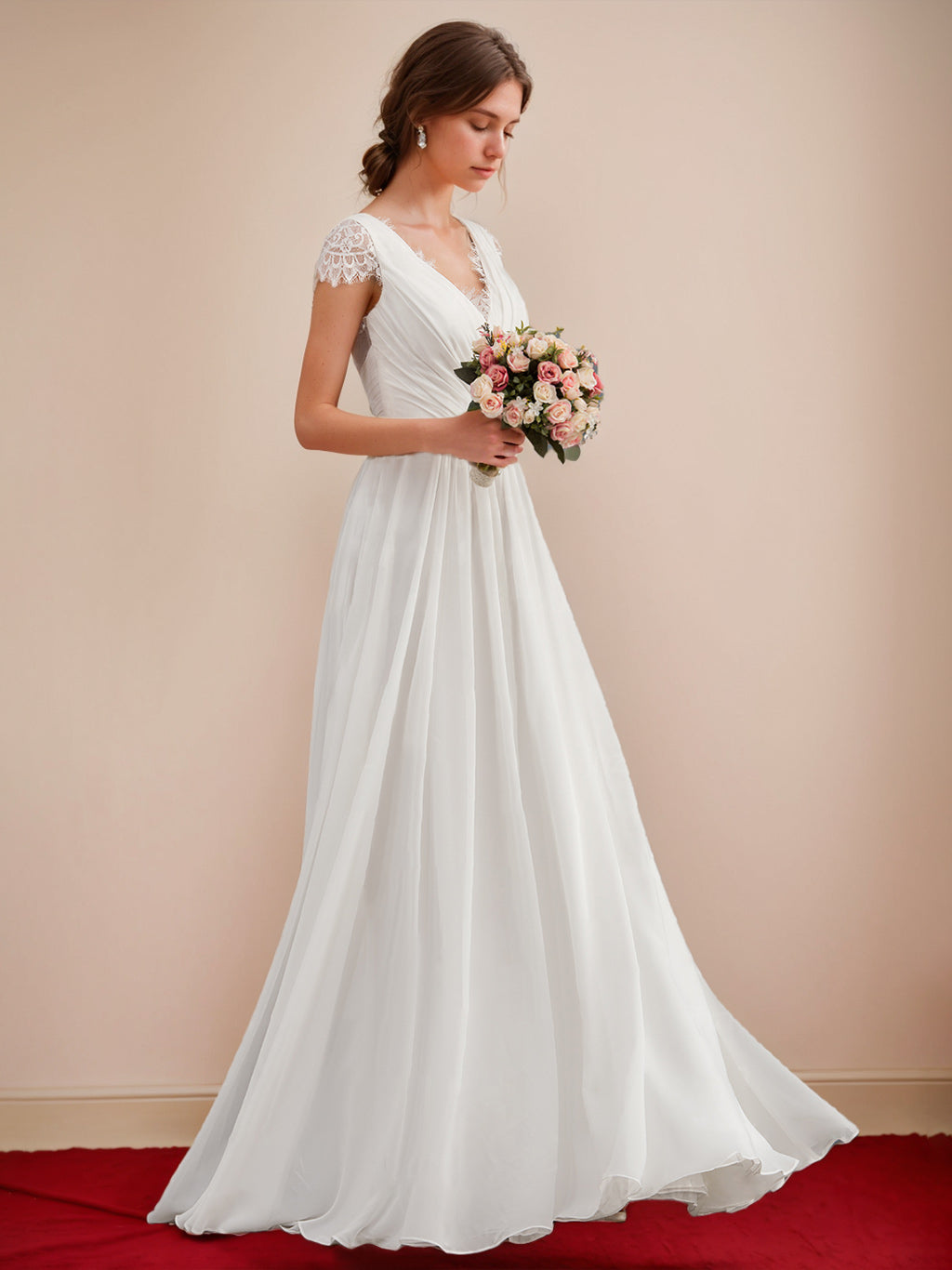 A-Line/Princess V-Neck Short Sleeves Floor-length Lace Wedding Dress with Ruffles BabaMila