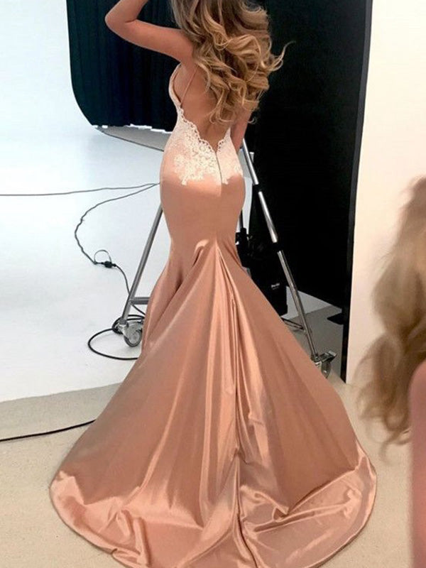 Women's Trumpet/Mermaid Silk like Satin Straps Sweep/Brush Train Long Prom Dresses BabaMila