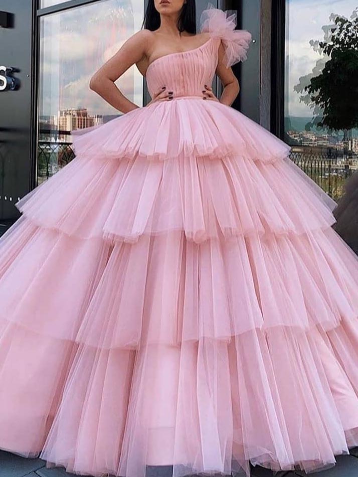 Ball Gown One-Shoulder Tulle Floor-length Long Prom Dresses With Ruffles BabaMila