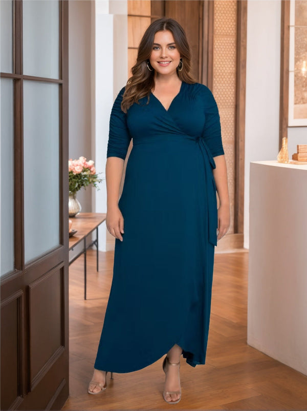 A-Line/Princess V-Neck Half Sleeves Asymmetrical Unique Plus Size Mother Of The Bride Dresses With Ruffles BabaMila