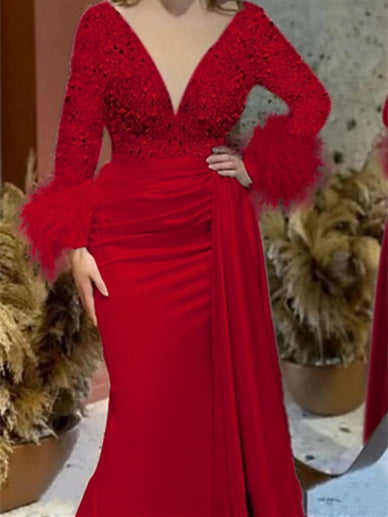 Mermaid/Trumpet V Neck Long Sleeve Court Train Mother Of The Bride Dresses Satin With Feather Glitter Ruched BabaMila