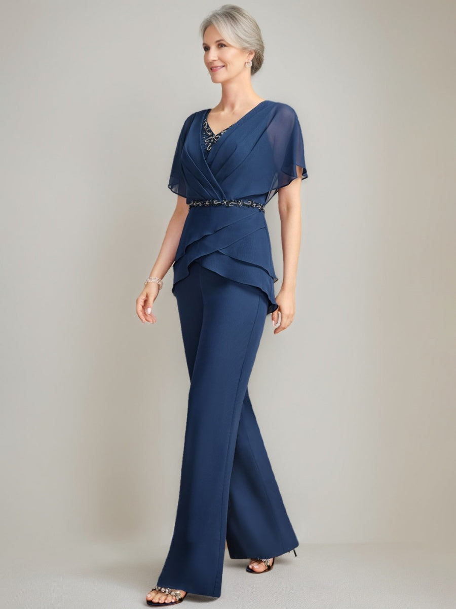 2 Pieces V-Neck Ruched Flutter Sleeves Floor-Length Beading Mother Of The Bride Pantsuits BabaMila