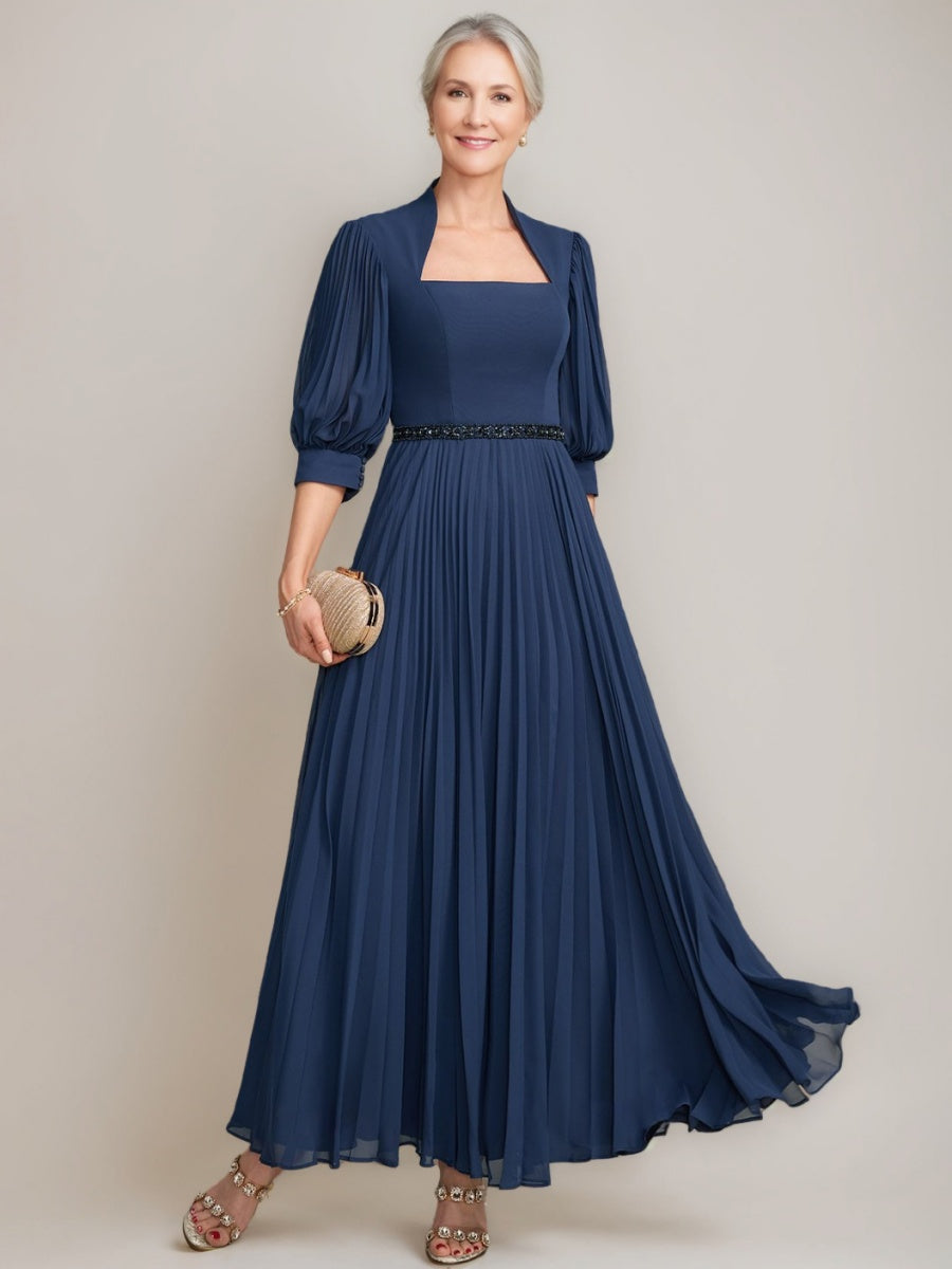 A-Line/Princess Queen Anne Neckline Ankle-Length Pleated Mother Of The Bride Dresses With Sequins & Beads BabaMila