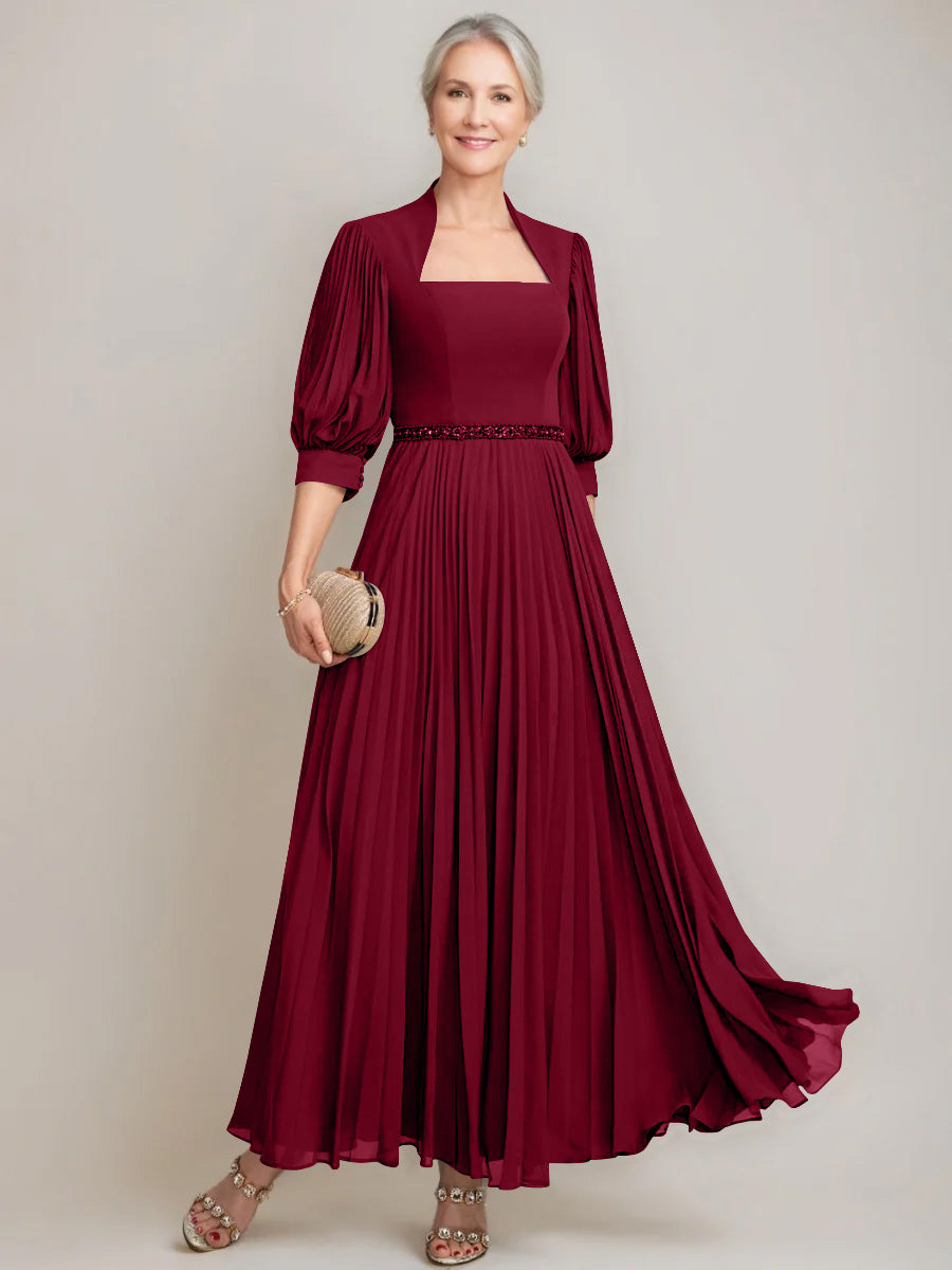 A-Line/Princess Queen Anne Neckline Ankle-Length Pleated Mother Of The Bride Dresses With Sequins & Beads BabaMila