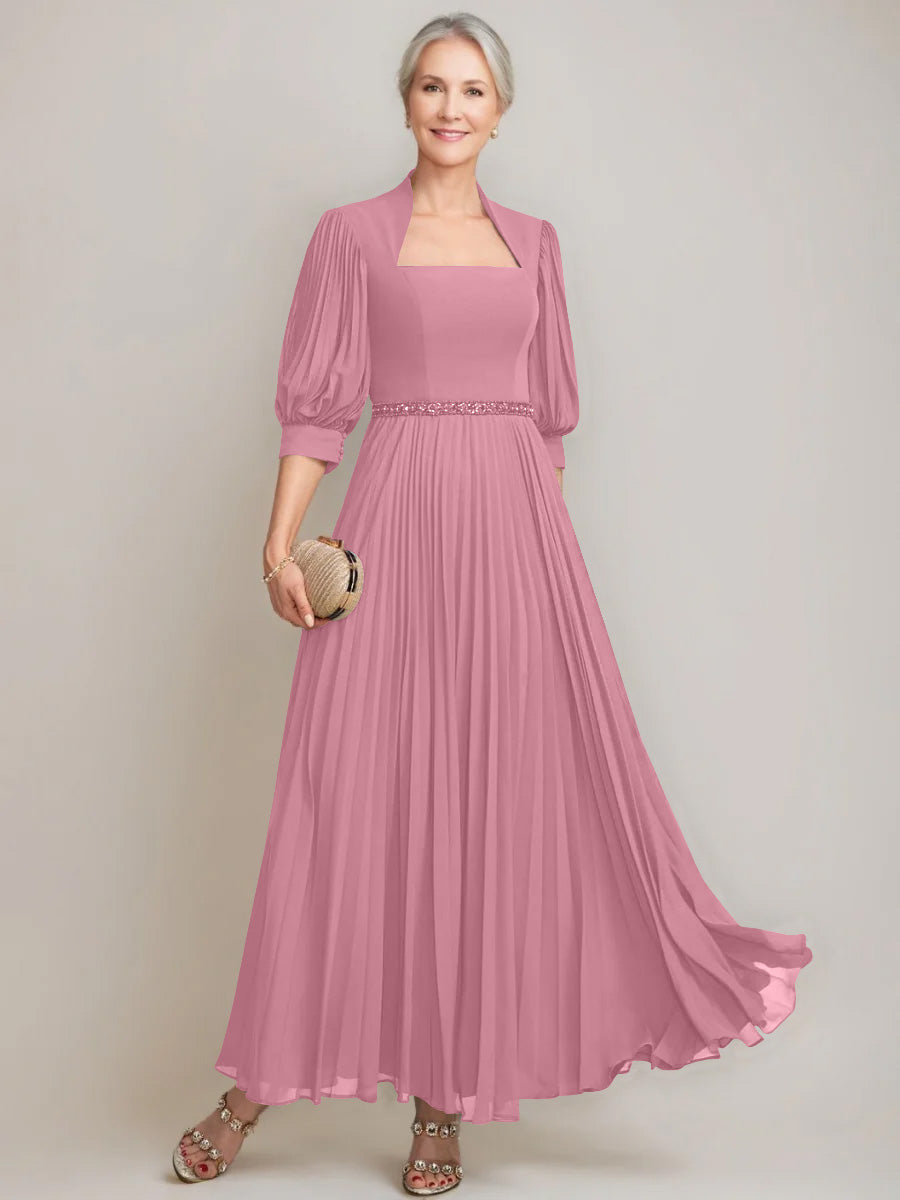 A-Line/Princess Queen Anne Neckline Ankle-Length Pleated Mother Of The Bride Dresses With Sequins & Beads BabaMila