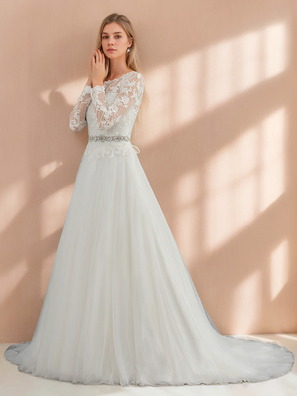 A-Line/Princess Scoop Neck Long Sleeves Floor-length Lace Wedding Dress with Appliques BabaMila