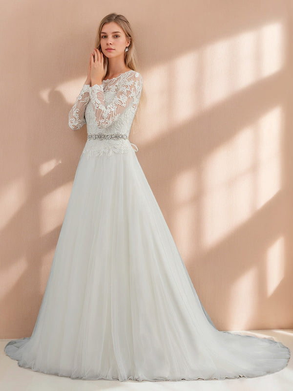 A-Line/Princess Scoop Neck Long Sleeves Floor-length Lace Wedding Dress with Appliques BabaMila