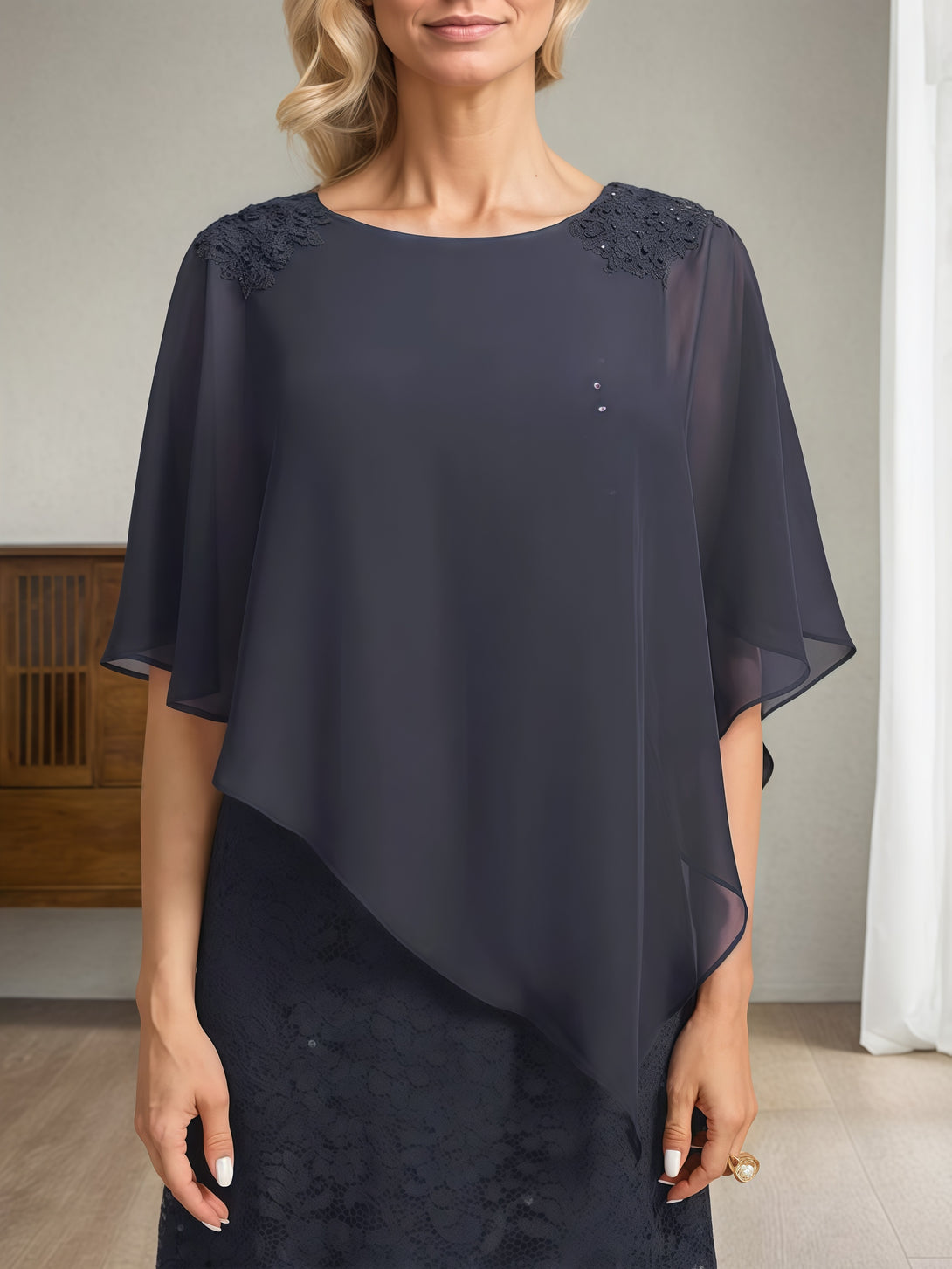 Sheath/Column Exquisite Scoop Neck Cape Floor-Length Chiffon Mother of the Bride Dress With Appliques BabaMila