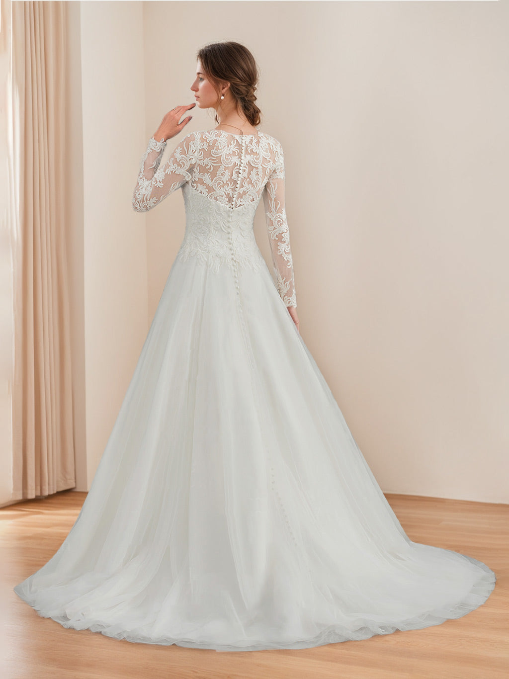 A-Line/Princess Scoop Neck Long Sleeves Floor-length Lace Wedding Dress with Appliques BabaMila