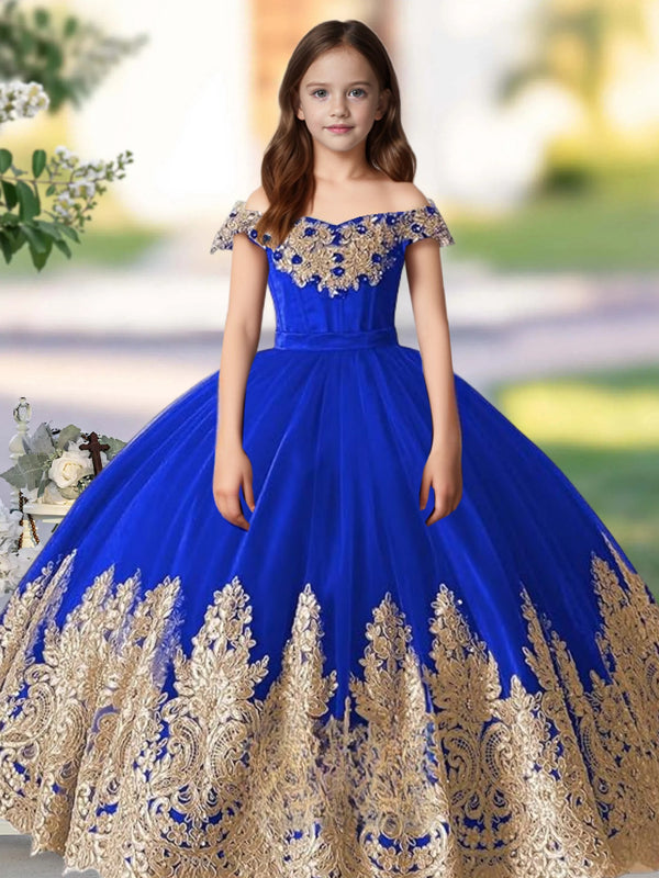 Flower Girl Dress Princess Applique Pageant Dresses Kids First Communion Dress Birthday Party Formal Prom Ball Gowns Girls Gidiondress Royal Blue 12M