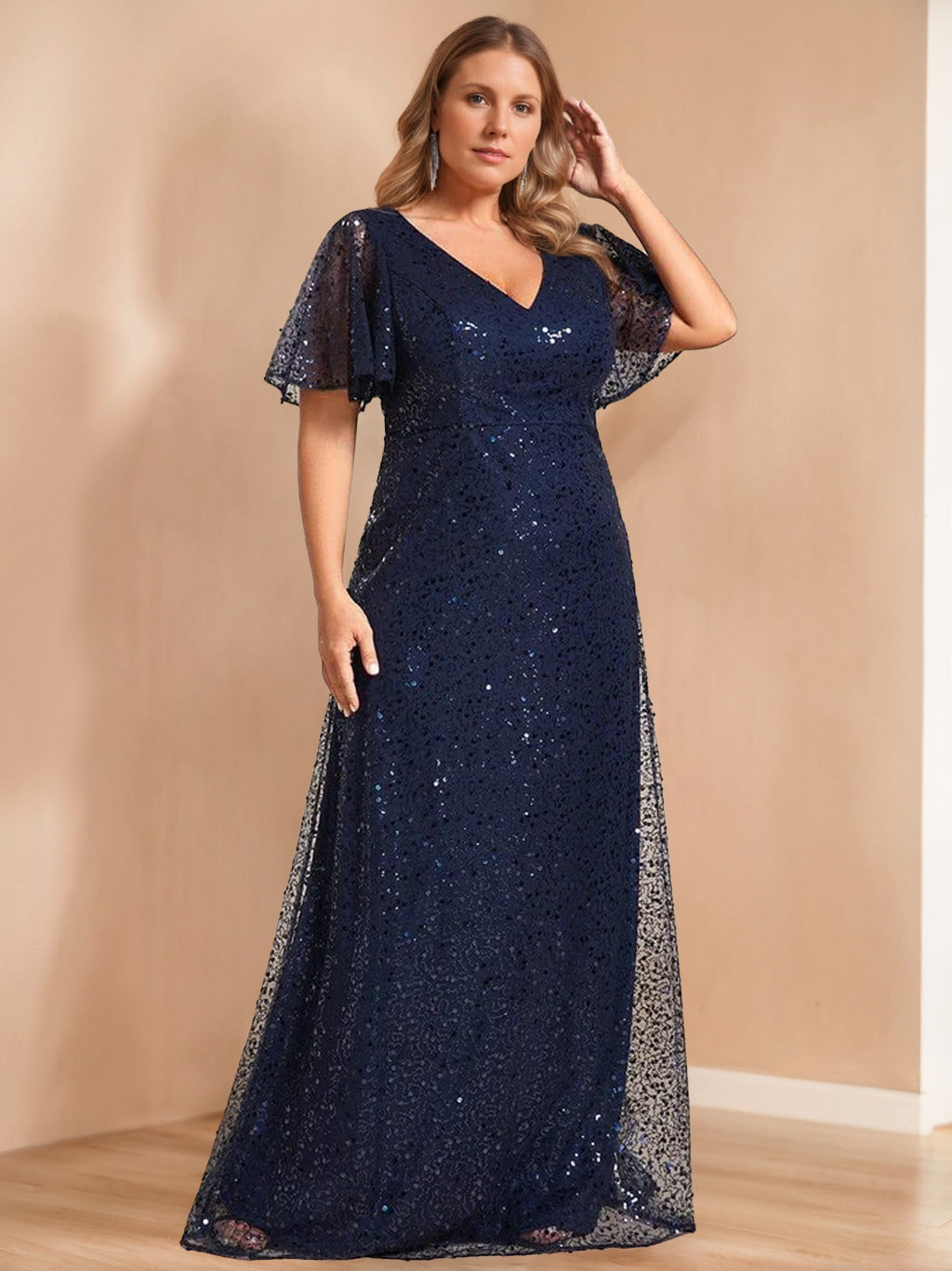 A-Line/Princess V-Neck Short Sleeves Floor-Length Unique Plus Size Mother Of The Bride Dresses With Sequins BabaMila
